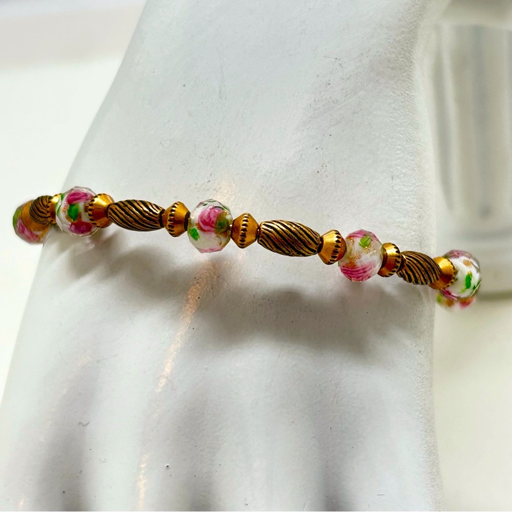 Vintage 66, Gold Memory Wire Bracelet, Glass Floral Millefiore Beads